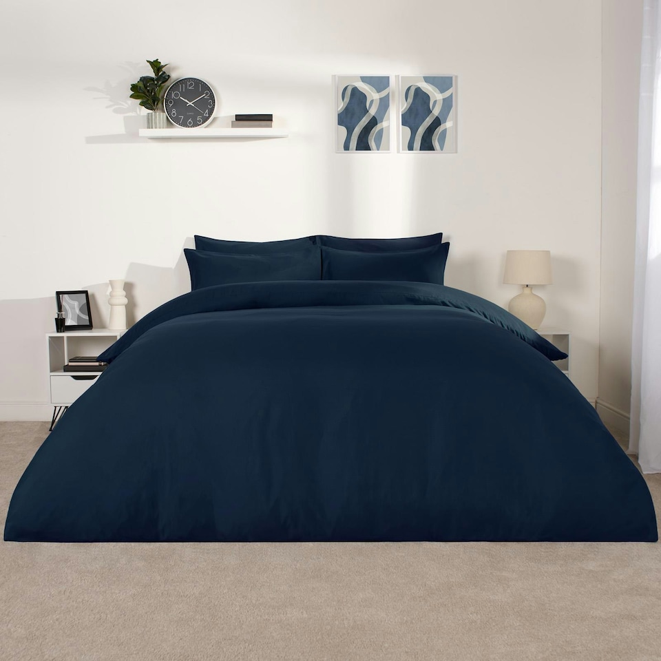 image 1 of OHS Soft Plain Microfibre Duvet Cover and Pillowcase Set, Single - Navy Blue