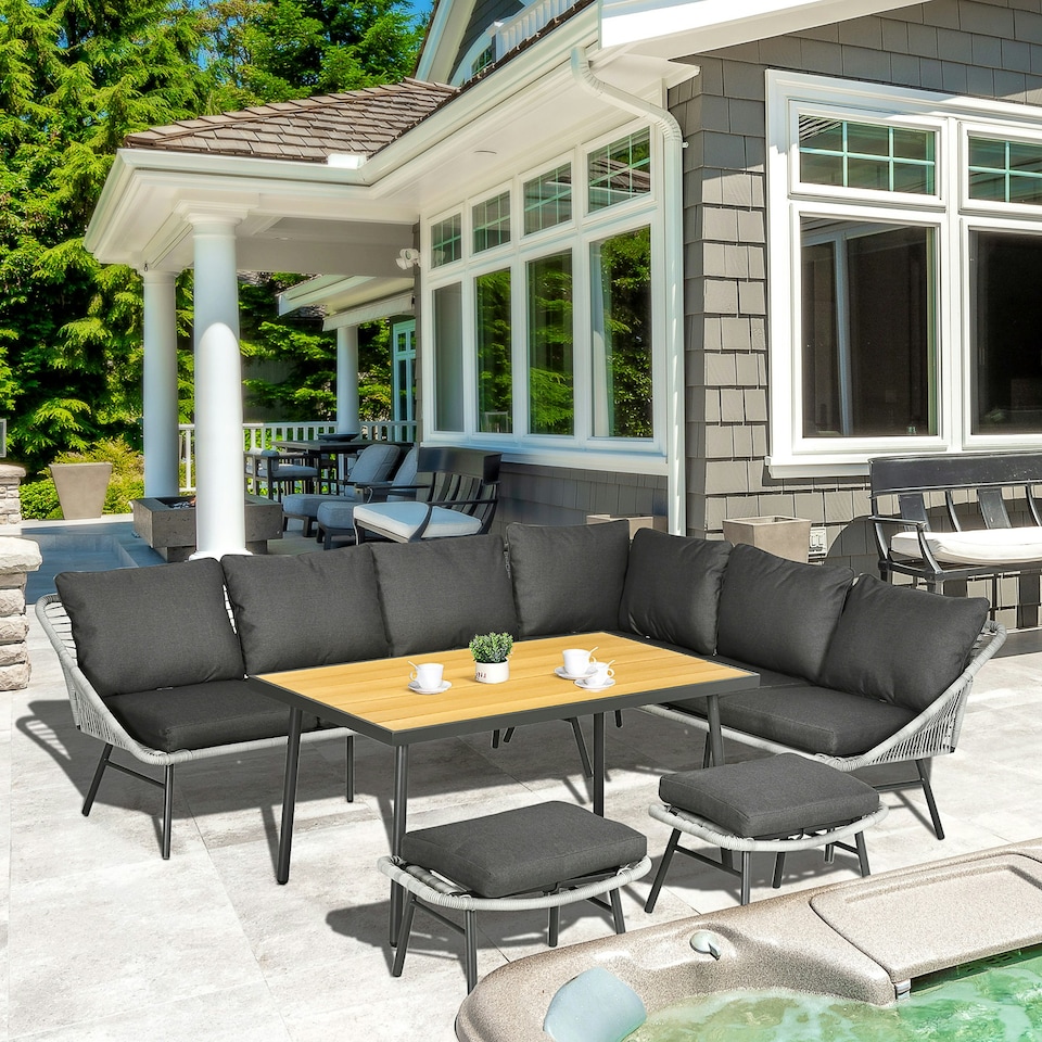 image 1 of Outsunny 5 Piece Rattan Garden Furniture Set with Sofa, Coffee Table, Grey