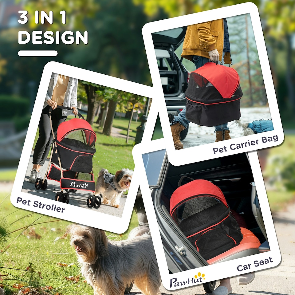 image 1 of PawHut 3 In 1 Pet Stroller, Detachable Dog Cat Travel Carriage - Red
