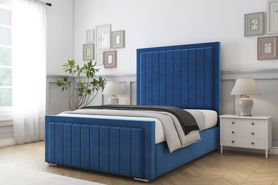 image 1 of Sloomy Pemberton Navy Plush Deep-Sided Bed Frame With 50" Upholstered Headboard 2'6 Small Single
