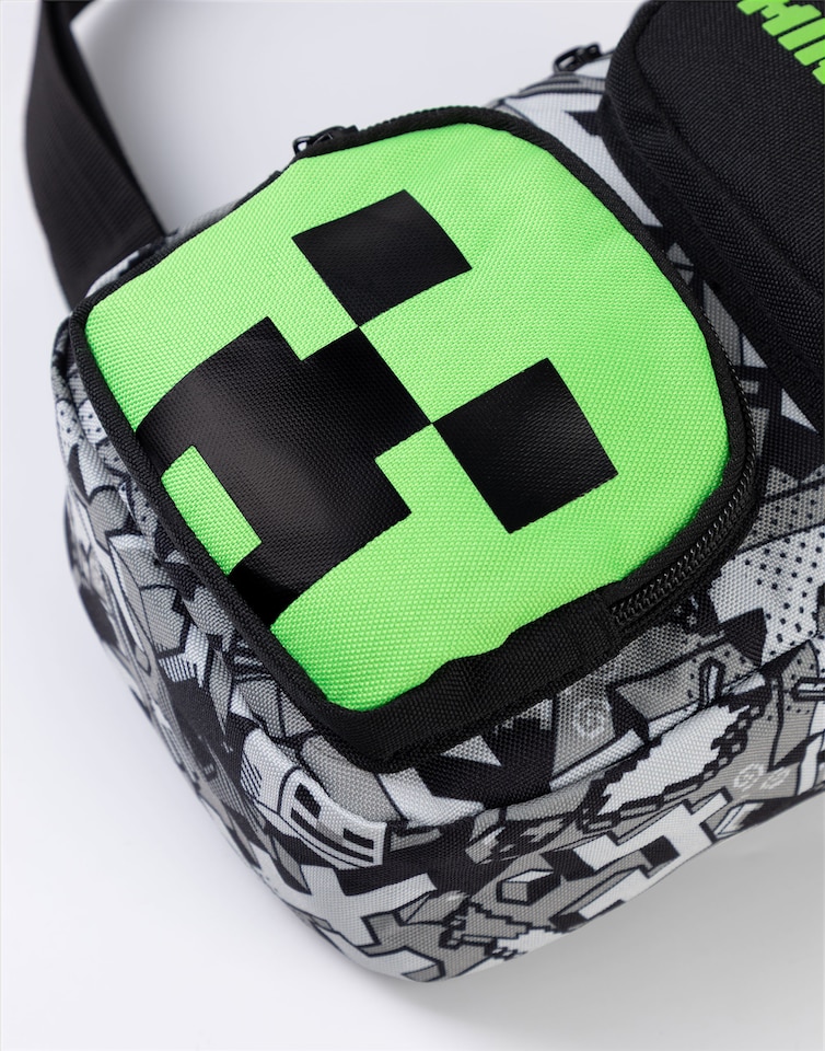 image 1 of Minecraft Creeper Body Bag in Black | Adjustable Shoulder Strap Zip-Up Carrying Bag for Boys | Game-Themed Personal Item Storage | Minecraft Merchandise for Young Gamers | Minecraft Merch | Multi | Multicoloured