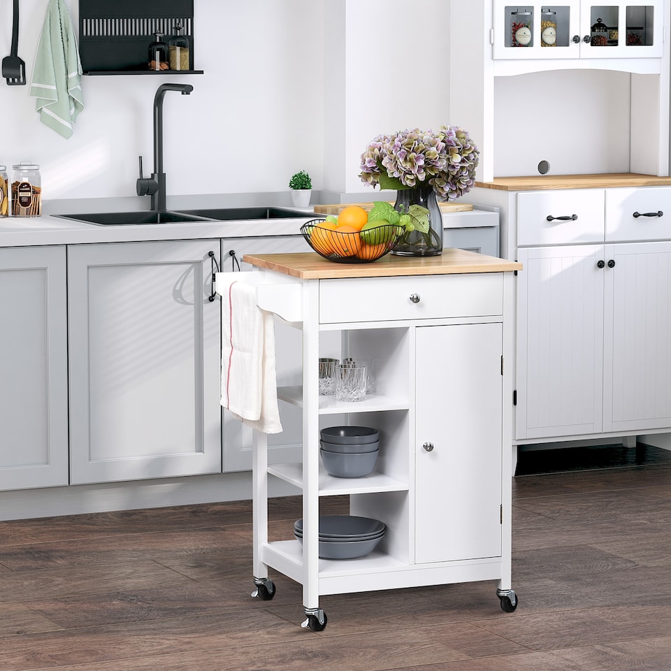 image 1 of HOMCOM Kitchen Trolley, Kitchen Island on Wheels, w Wood Top, 3 Shelves and Storage Cupboard, White