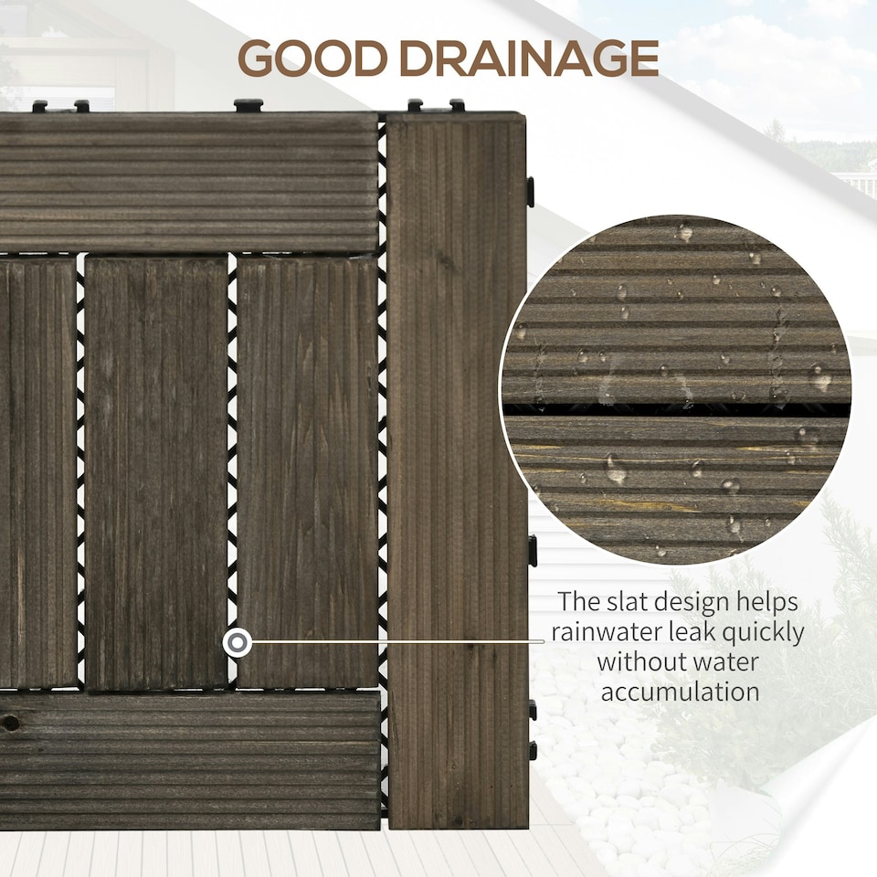 image 1 of Outsunny 27 Pcs Wooden Interlocking Decking Tiles, 30 x 30 cm per piece, Grey