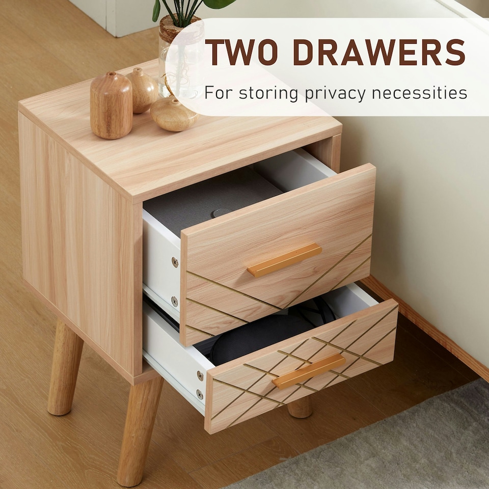 image 1 of HOMCOM Bedside Cabinet, Nordic Bedside Table with 2 Drawers Wood Legs, Natural