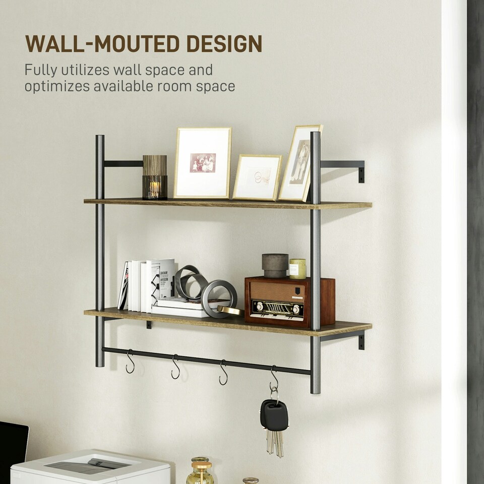 image 1 of HOMCOM Wall Shelf Unit with 4 Hooks for Living Room, Entryway, Grey