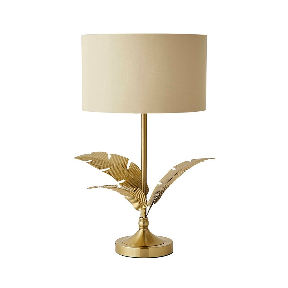 image 1 of ValueLights Christina Natural with Metallic Gold Drum Shade Gold Palm Leaf Table Lamp & Bulb Gold