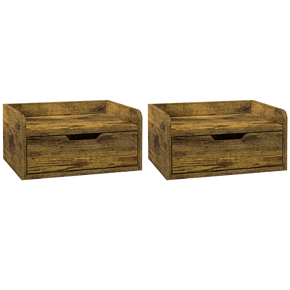 image 1 of HOMCOM Floating Nightstands Set of 2, Wall Mounted Bedside Table with Storage Drawer for Bedroom, Rustic Brown