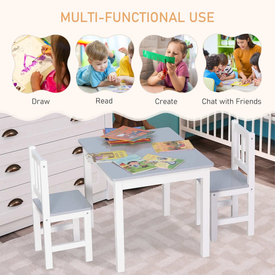 image 1 of HOMCOM Kids Table and 2 Chairs Set 3 Pieces Toddler Multi-usage Desk Indoor | Grey