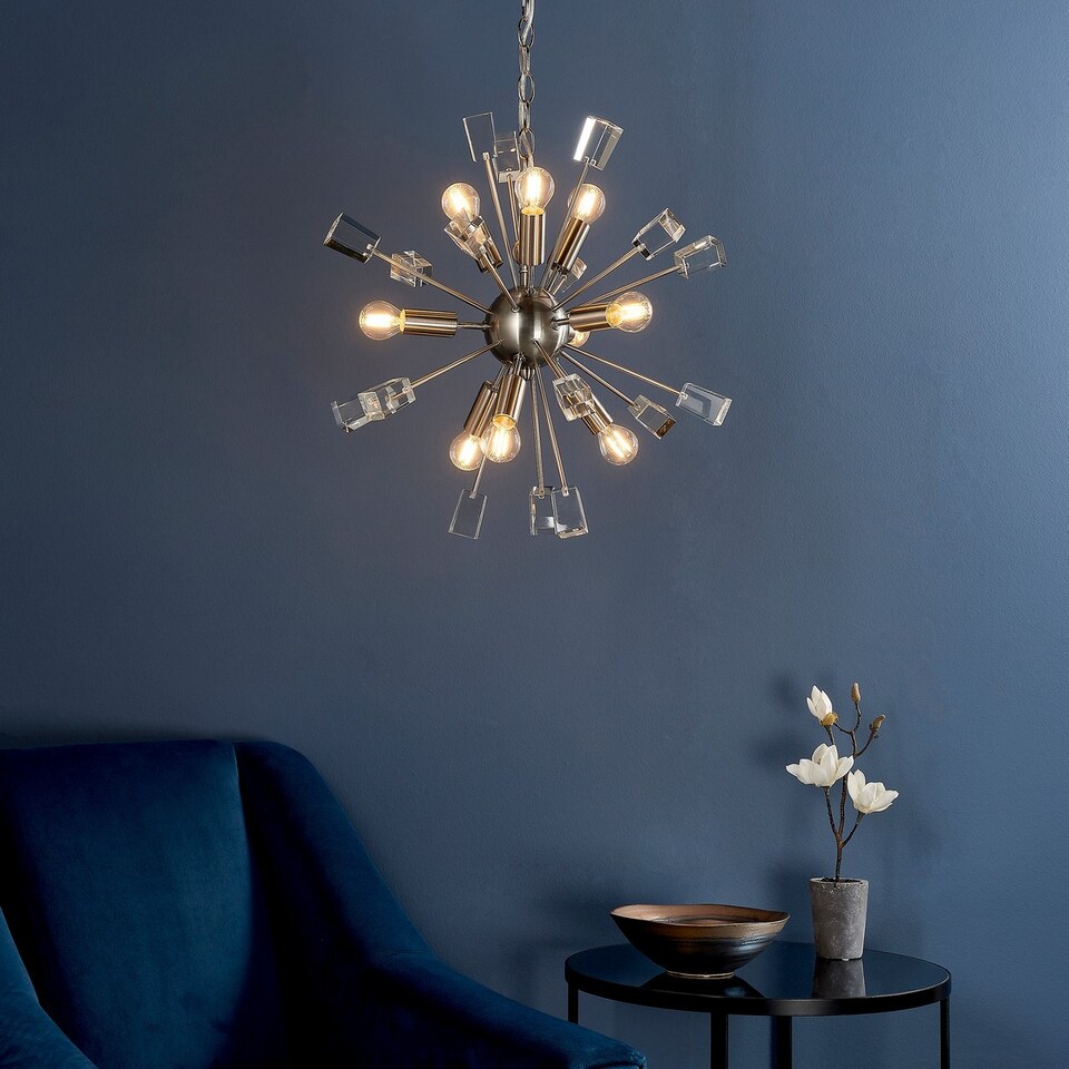 image 1 of Miro 9 Light Ceiling Pendant Satin Nickel Plate & Clear Crystal Glass, E14