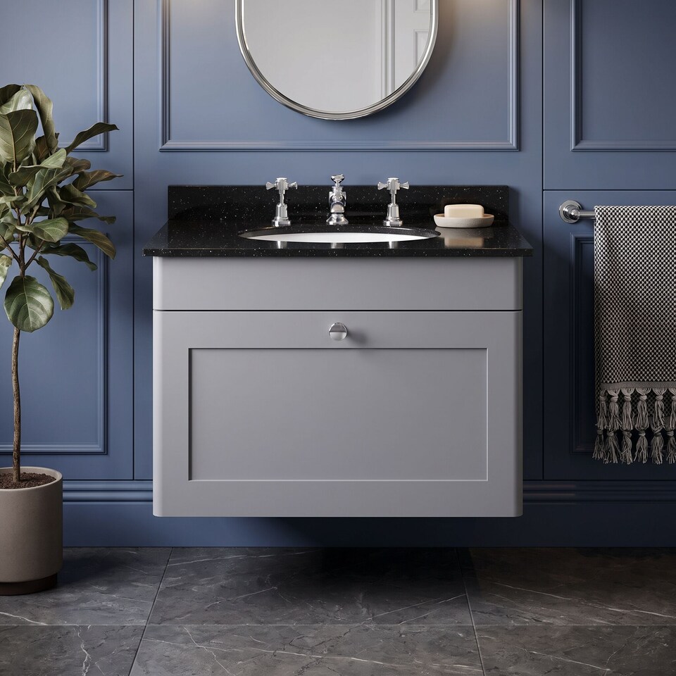 image 1 of Balterley Swynnerton Traditional 1 Drawer Wall Hung Vanity Unit with Marble Basin, Satin Grey, 600mm