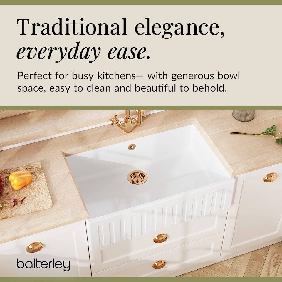 image 1 of Balterley Fireclay Kitchen Single Bowl Fluted Front Butler Sink - with Overflow | White | White | 1