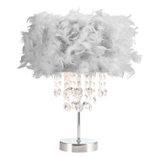 Chandelier Style Soft Grey Feather Table Lamp with Waterfall Drops