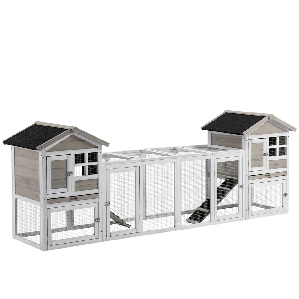 image 1 of PawHut 2 in 1 Rabbit Hutch, Guinea Pig Hutch Outdoor w/ Run & Tray, Grey