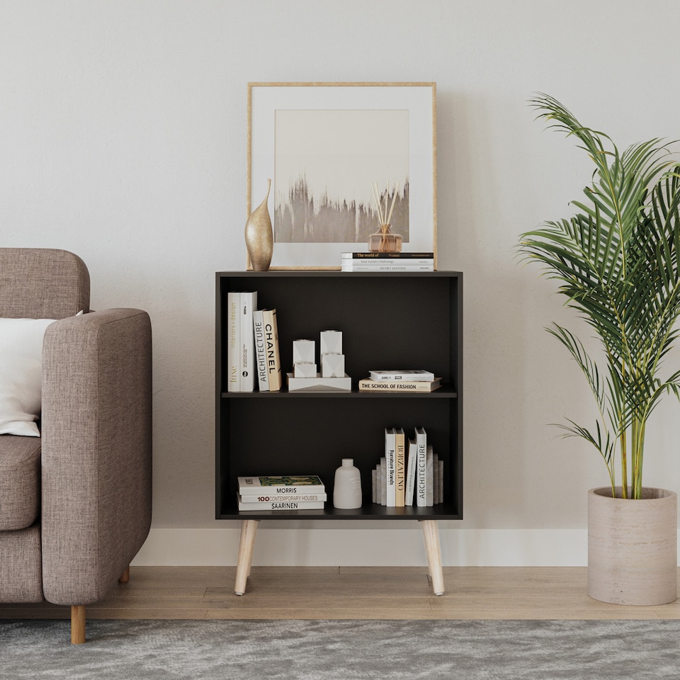 image 1 of 2-Tier Wooden Cabinet With Legs | Black | Black & Pine | 1
