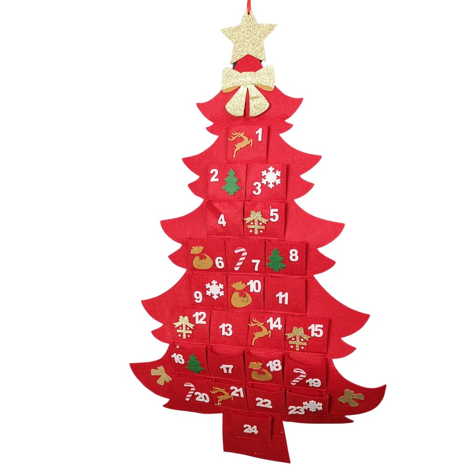 image 1 of 90cm Fabric Tree Shape Advent Calendar Christmas Decoration in Red