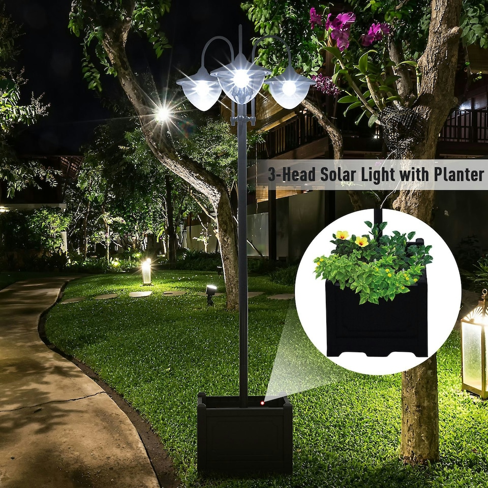 image 1 of Outsunny 3-head LED Solar Light Lamp Street Light Post with Planter Base, Black