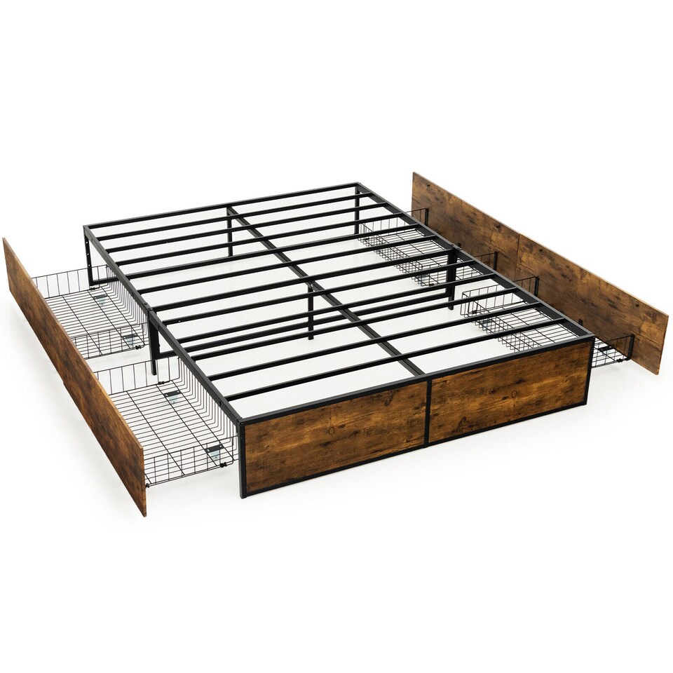 image 1 of COSTWAY Double Metal Bed Frame with 4 Underbed Drawers Brown