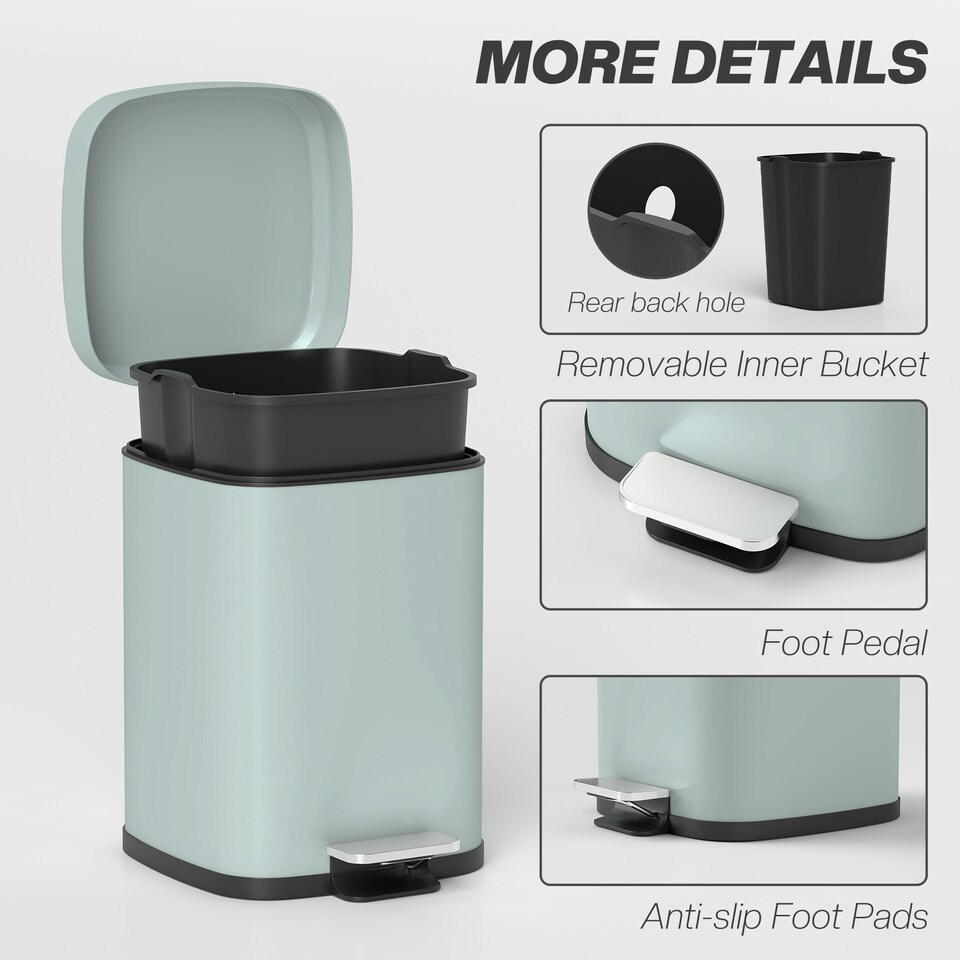 image 1 of HOMCOM 12L Kitchen Pedal Bin, Metal Rubbish Bin with Soft-close Lid Green | Light Green | 12L