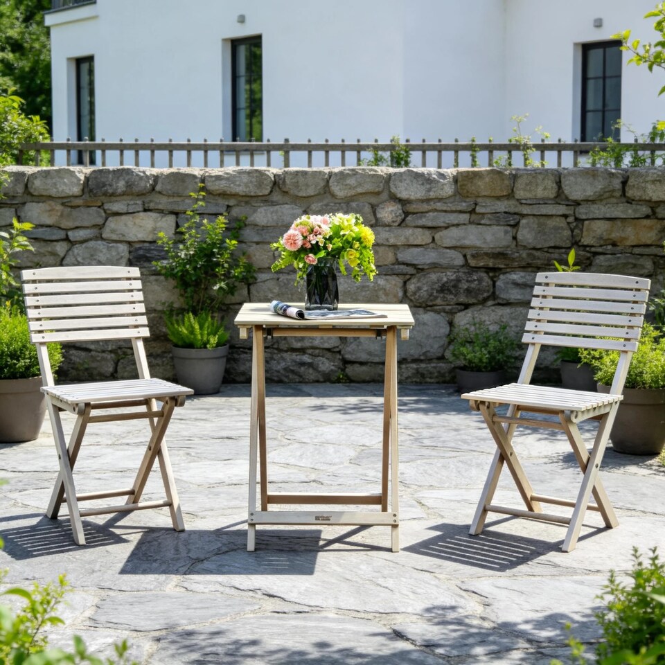 image 1 of Direct Wicker Foldable Acacia Wood Bistro Set, Sanded Natural Finish, Compact Folding Square Table Chairs Set