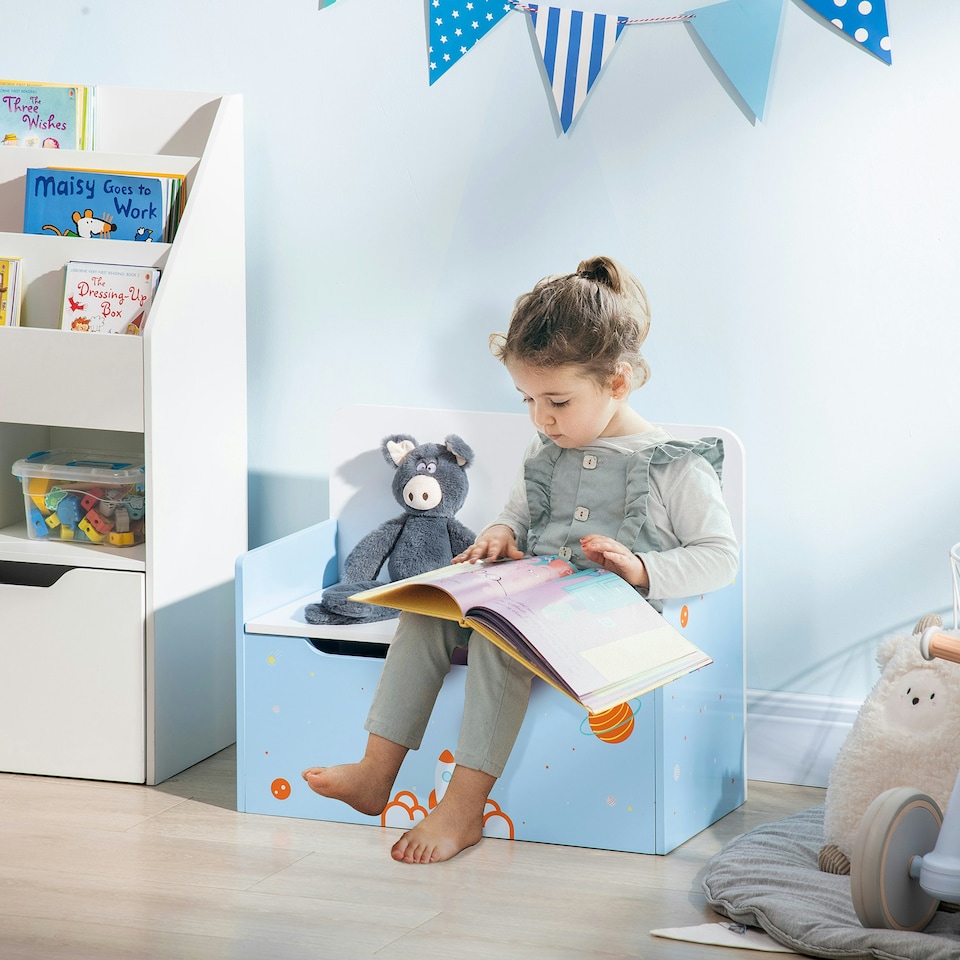 image 1 of ZONEKIZ 2 In 1 Wooden Kids Storage Bench, Toy Box w/ Safety Rod - Blue