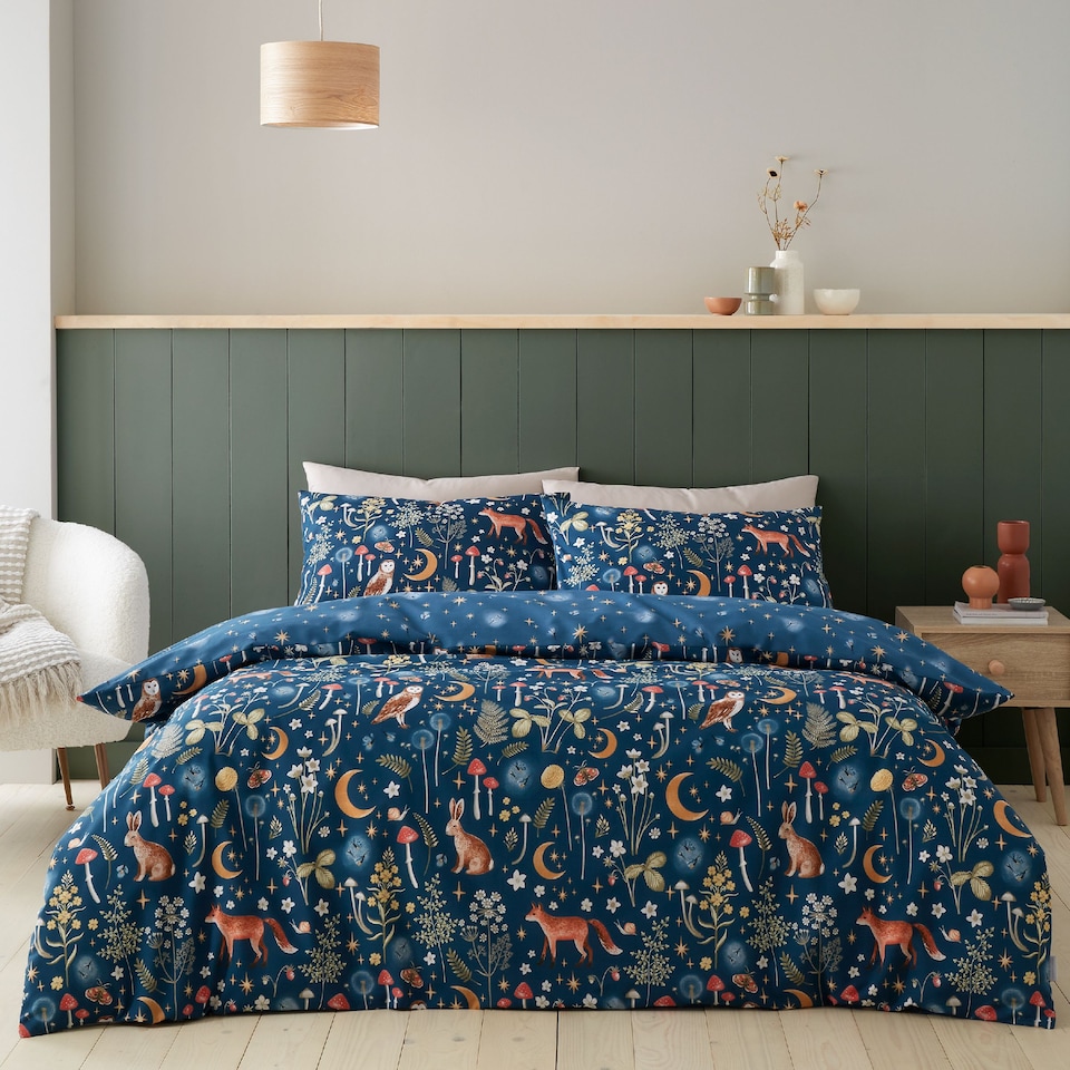 image 1 of Catherine Lansfield Enchanted Twilight Animals Reversible Duvet Cover Set | Blue | Navy Blue