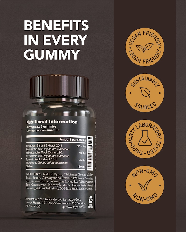 image 1 of SuperSelf Himalayan Shilajit with Ashwagandha & Turmeric Pineapple Flavour 60 Gummies