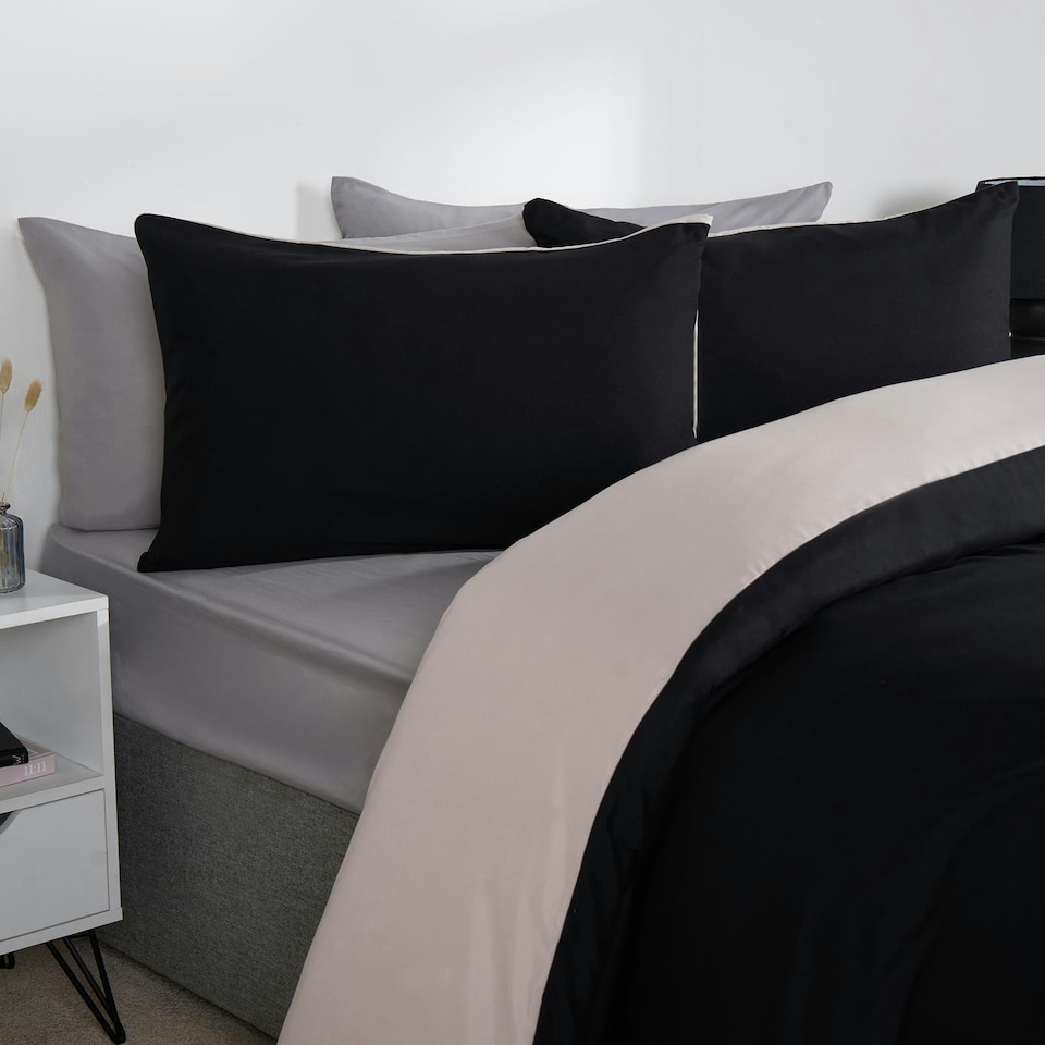 image 1 of OHS Microfibre Reversible Plain Duvet Cover and Pillowcase Set, Double - Black/Natural