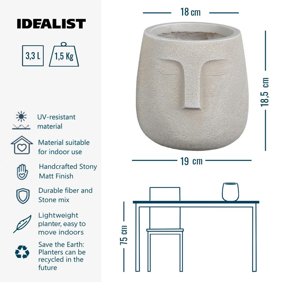 image 1 of Textured Concrete Effect Beige Oval Face Planter Indoor L19 D18 H18.5 cm, 3.3 ltrs Cap.