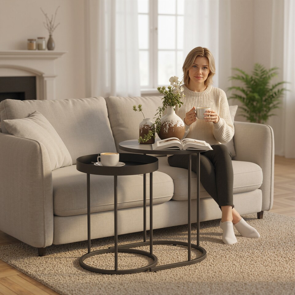 image 1 of HOMCOM Nesting Side Table Set of 2, Industrial Round Nest of Tables with Tray Tabletop and Metal Frame for Living Room, Bedroom, Home Office, Grey | Grey