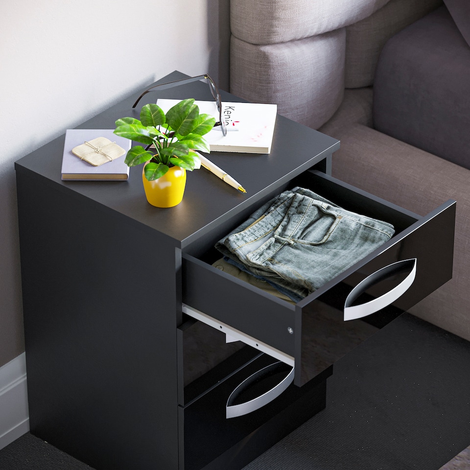 image 1 of Vida Designs Hulio 3 Drawer Bedside Chest High Gloss Cabinet Table Nightstand, Black