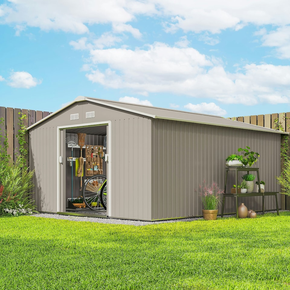 image 1 of Outsunny 13 x 11ft Garden Shed Storage with Foundation Kit & Vents Light Grey