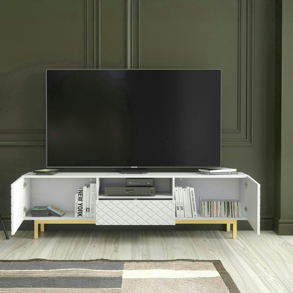 image 1 of White TV Unit 180cm Diamond Fronts Gold Legs Modern Media Cabinet White