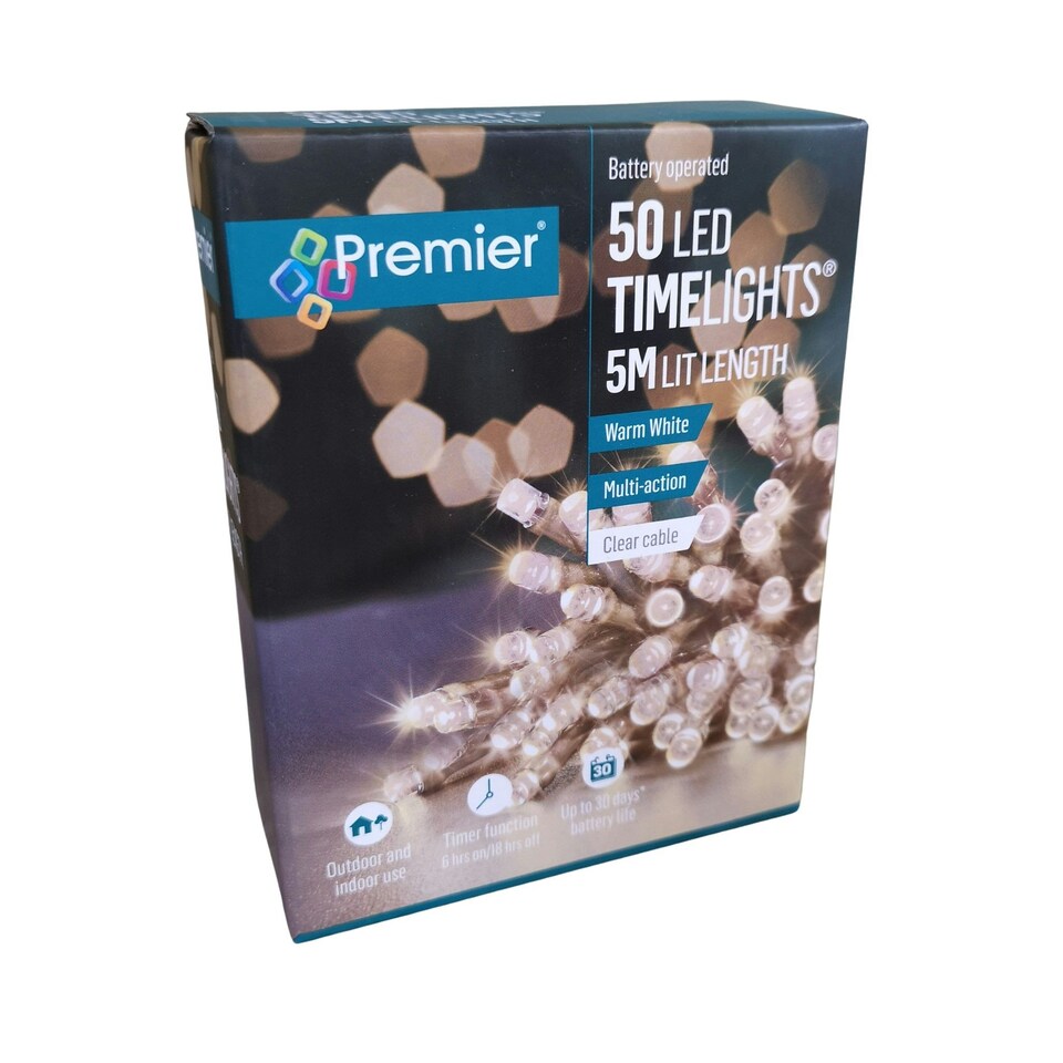 image 1 of 50 LED 5m Premier Christmas Outdoor Multi Function Battery Lights with Timer & Clear Cable in Warm White