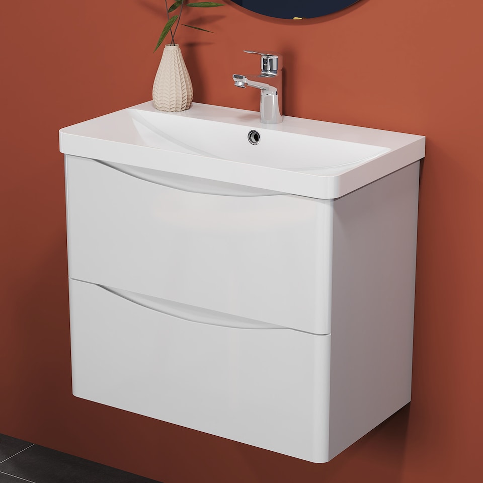 image 1 of AICA 600mm Wall-Hung White Bathroom Vanity Unit With Integrated Sink,2 Soft-Close Drawers for Storage