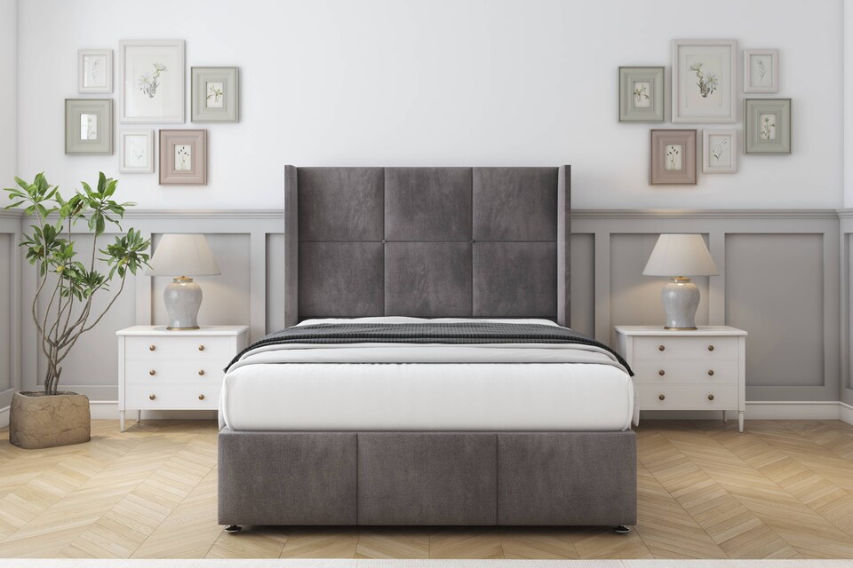 image 1 of Sloomy Beaumont Slate Naples Divan Bed With Mattress No Drawers With 54" Wingback Headboard & 12" Matching Footboard 2'6 Small Single | Grey | Slate | Small Single | 1