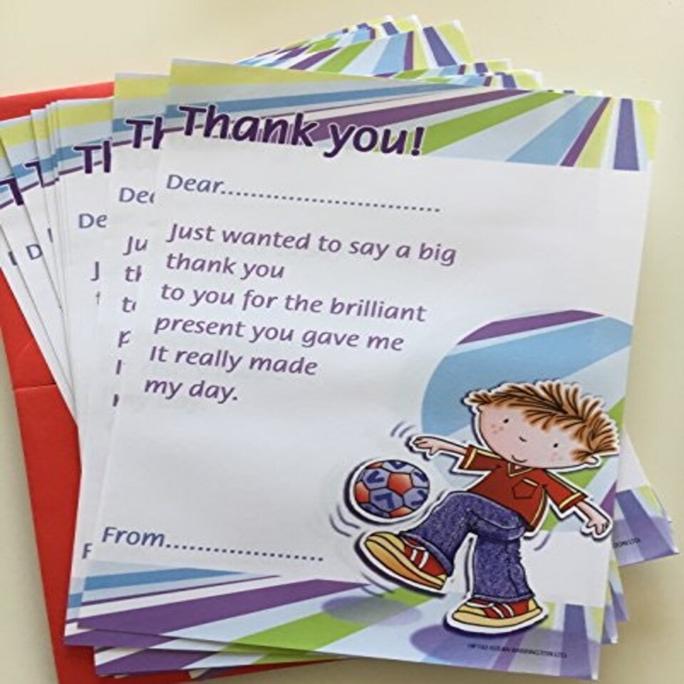 image 1 of Pack of 20 Children's Cute Thank You Notes & Envelopes - Boy Football Design