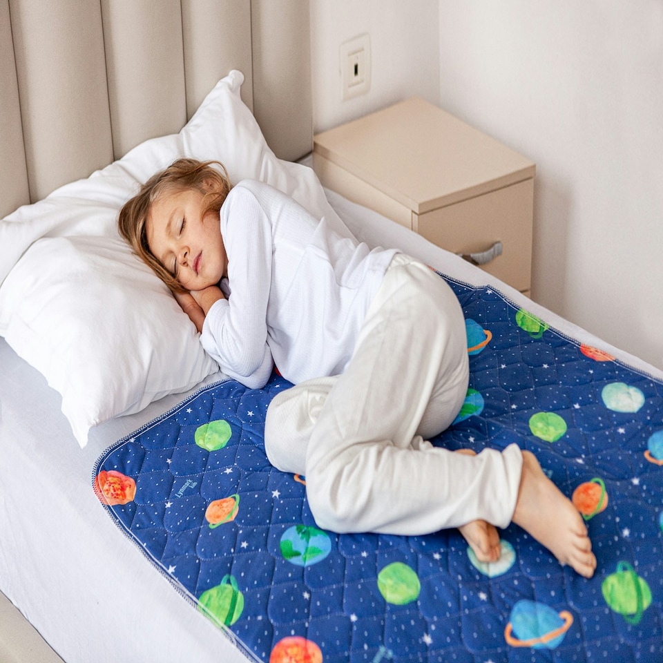 image 1 of Toddler Potty Training Bed Pads - Non-Slip - Soft Waterproof Bedwetting Pee Protector Mat for Kids - Multi-Layer, Washable, Absorbs Up to 2000ml - 90 x 85cm Blue | Astronaut | Single