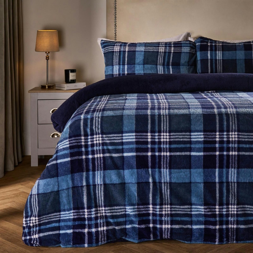 image 1 of OHS Ultra Soft Tartan Check Teddy Duvet Cover Set Blue | Navy | Double