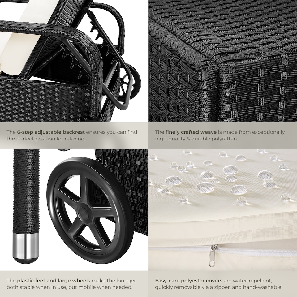 image 1 of Sun Lounger - 6-position backrest, weather and UV-resistant, soft pillow, two wheels | Black | black/beige | 1