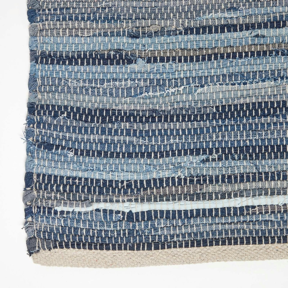 image 1 of Homescapes Blue Denim Handwoven Striped Chindi Rug - 150 x 240 cm Blue | 150 x 240 cm