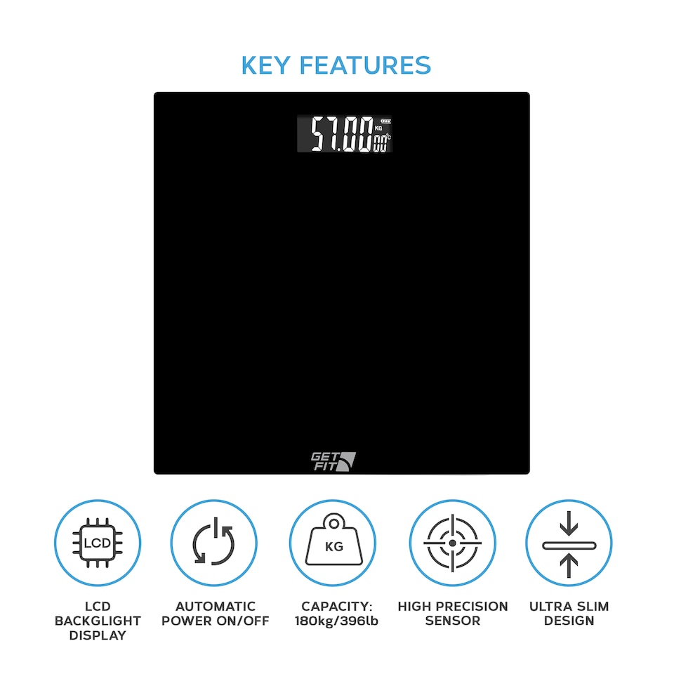 image 1 of Get Fit Digital Weighing Bathroom Scale - Lcd Display & Automatic On / Off - Room Temperature & Battery Health Indicator | Black | 29x29cm | 1
