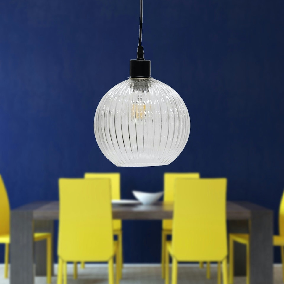 image 1 of First Choice Lighting Set of 2 Betchley Clear Ribbed Glass Globe Easy Fit Pendant Shades Clear