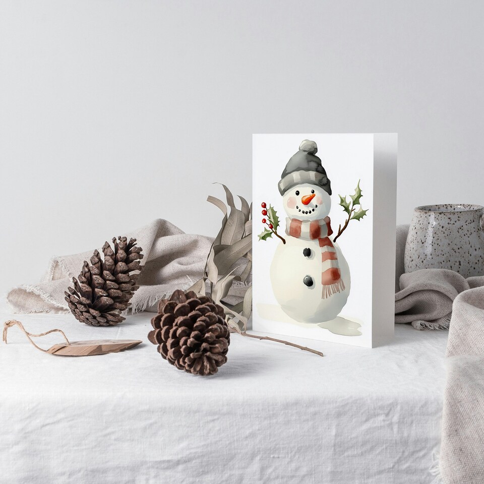 image 1 of Cute Snowman Holly Branch Arms Watercolour Blank For Him Or Her Art Christmas Card
