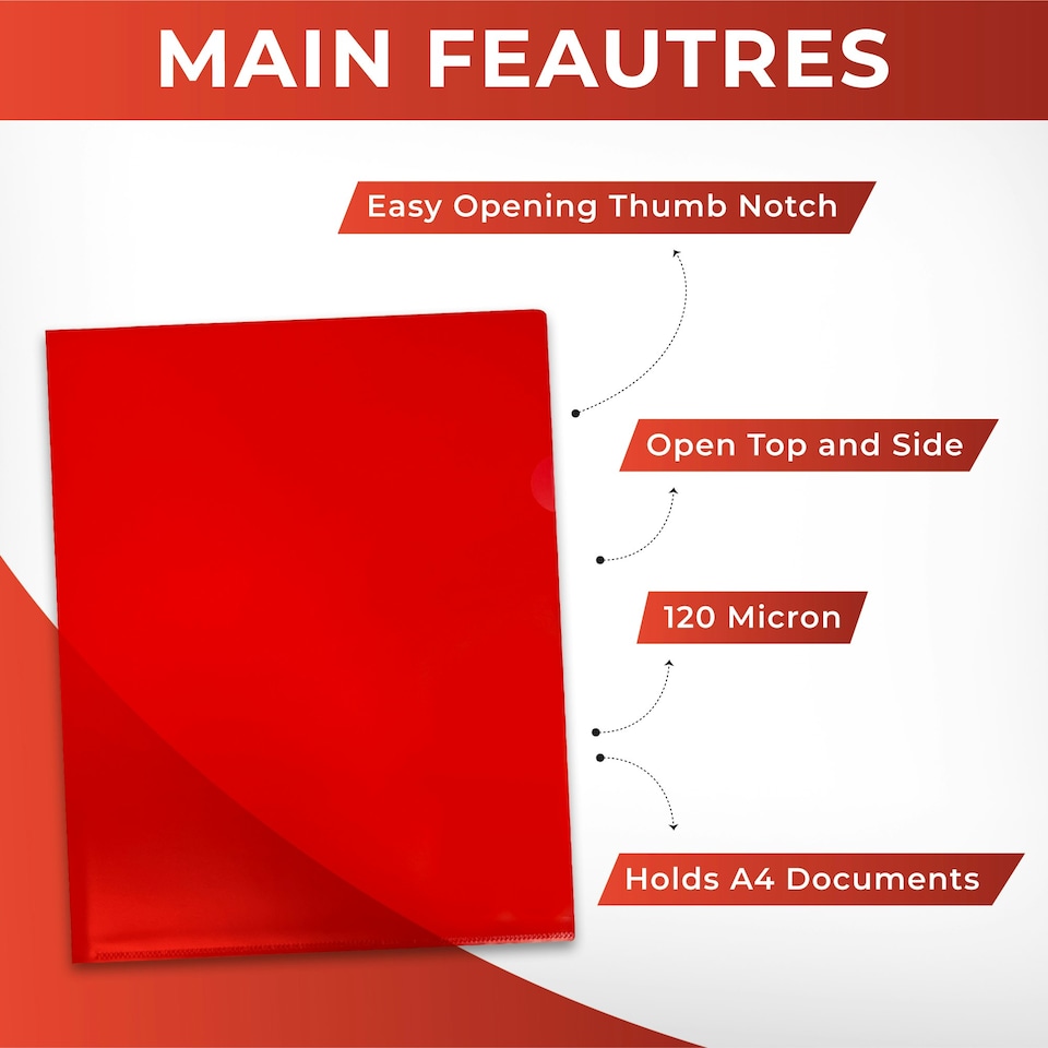 image 1 of Pack of 25 A4 Red L Shaped Open Top and Side Report File Folders