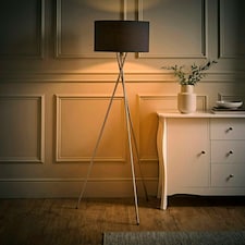 ValueLights Camden Brushed Chrome Tripod Floor Lamp Charcoal Shade Grey