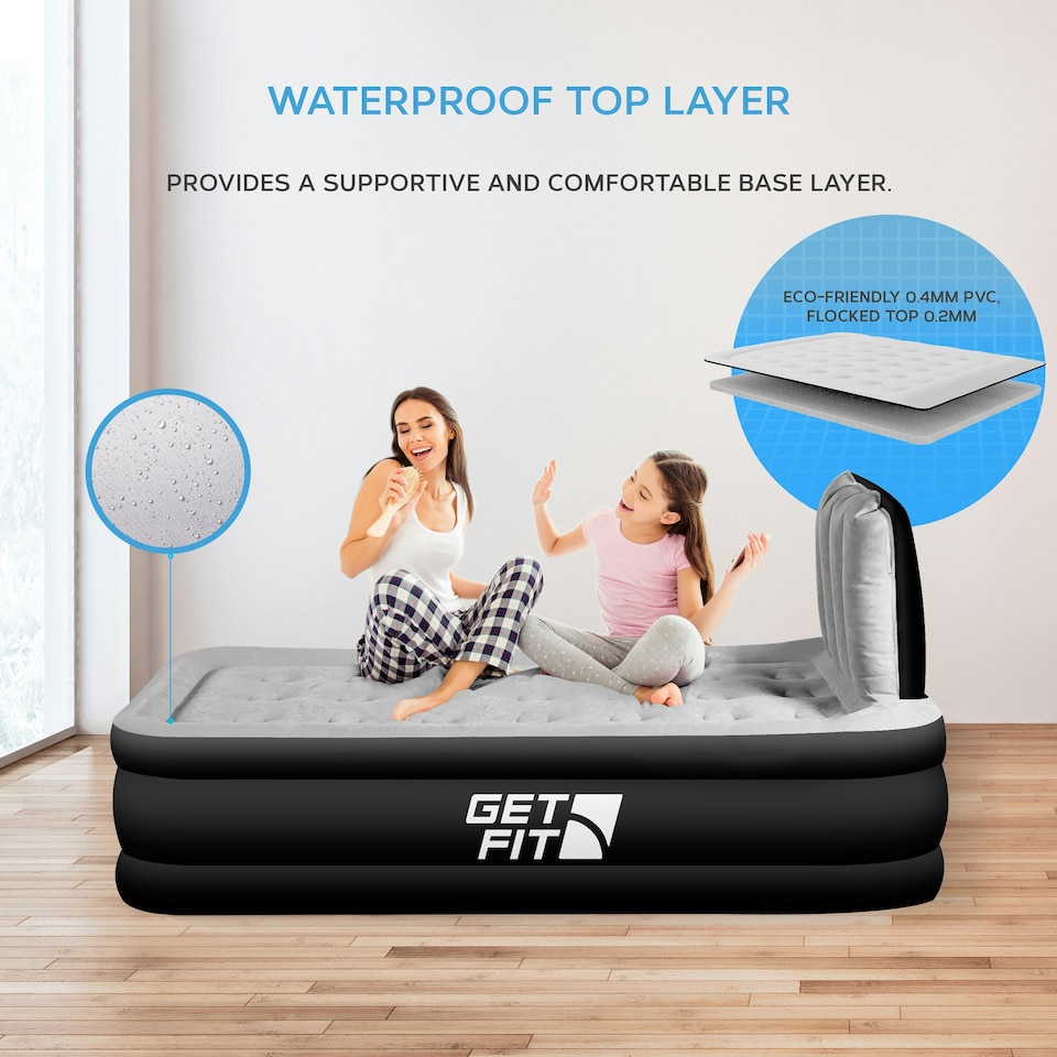 image 1 of Get Fit Air Bed With Built In Electric Pump - Premium Single Airbed - Quick Blow Up Bed With Headboard & Inflatable Pillow - Elevated Air Mattress- Black/Grey