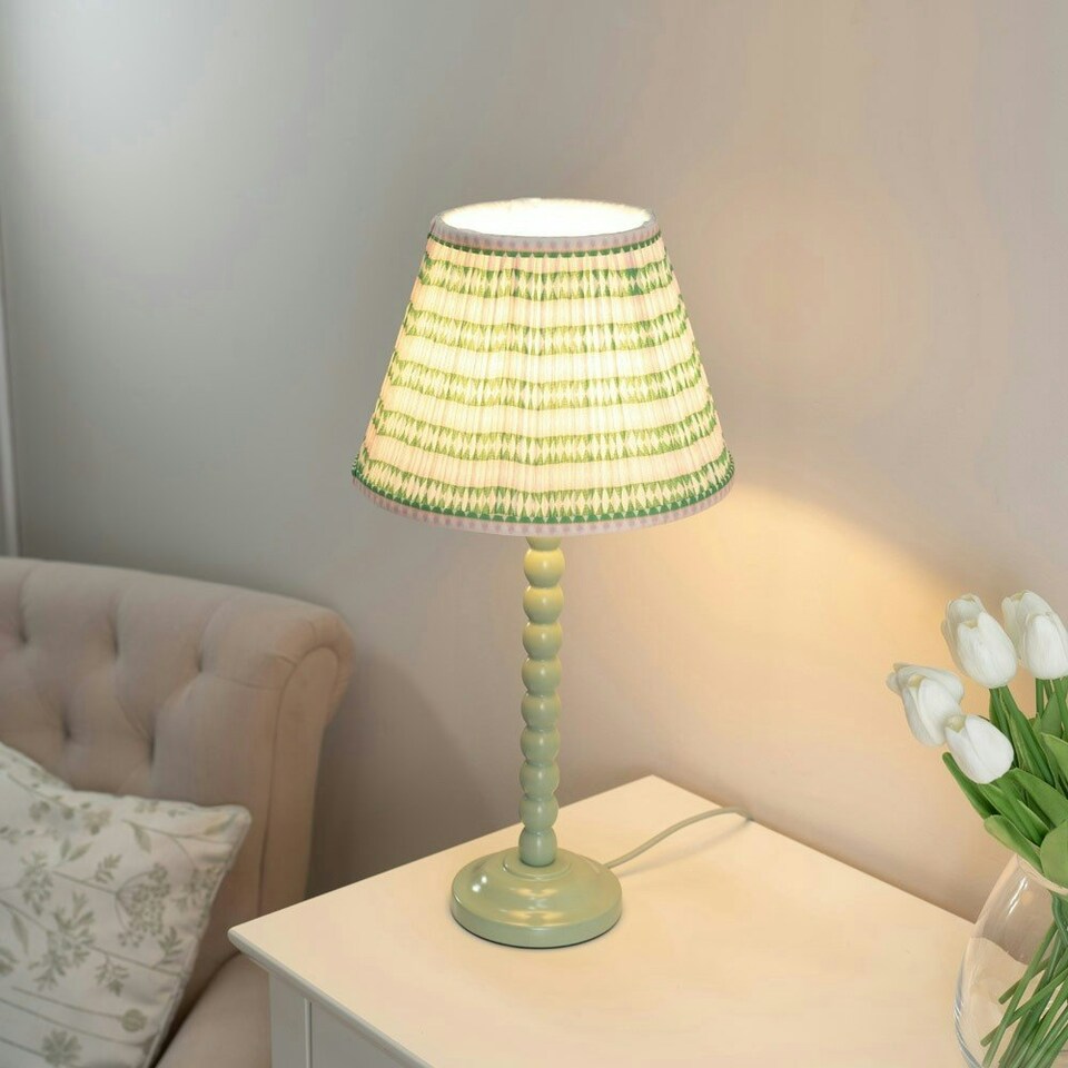 image 1 of ValueLights Bobbles Sage Green Bobbin Table Lamp with Pink Aztec Pleated Shade