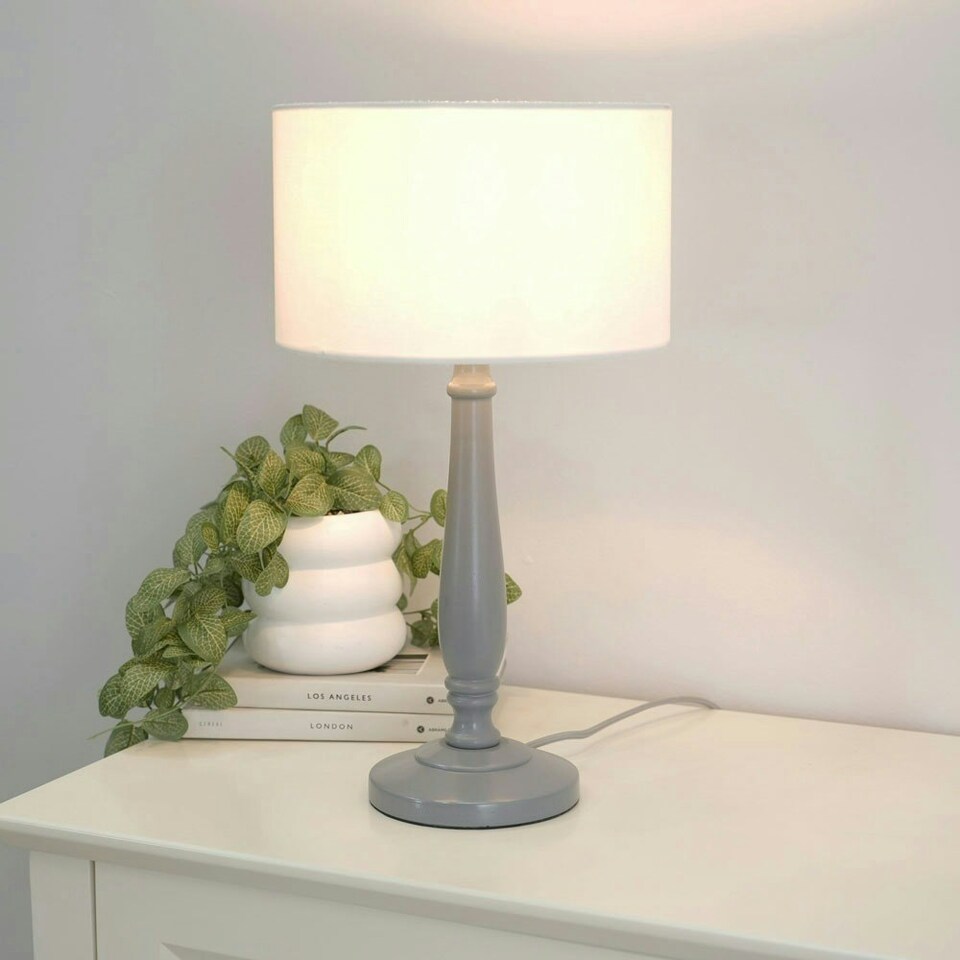 image 1 of ValueLights Victoria Grey Wood Table Lamp White Shade & Bulb | Grey | White