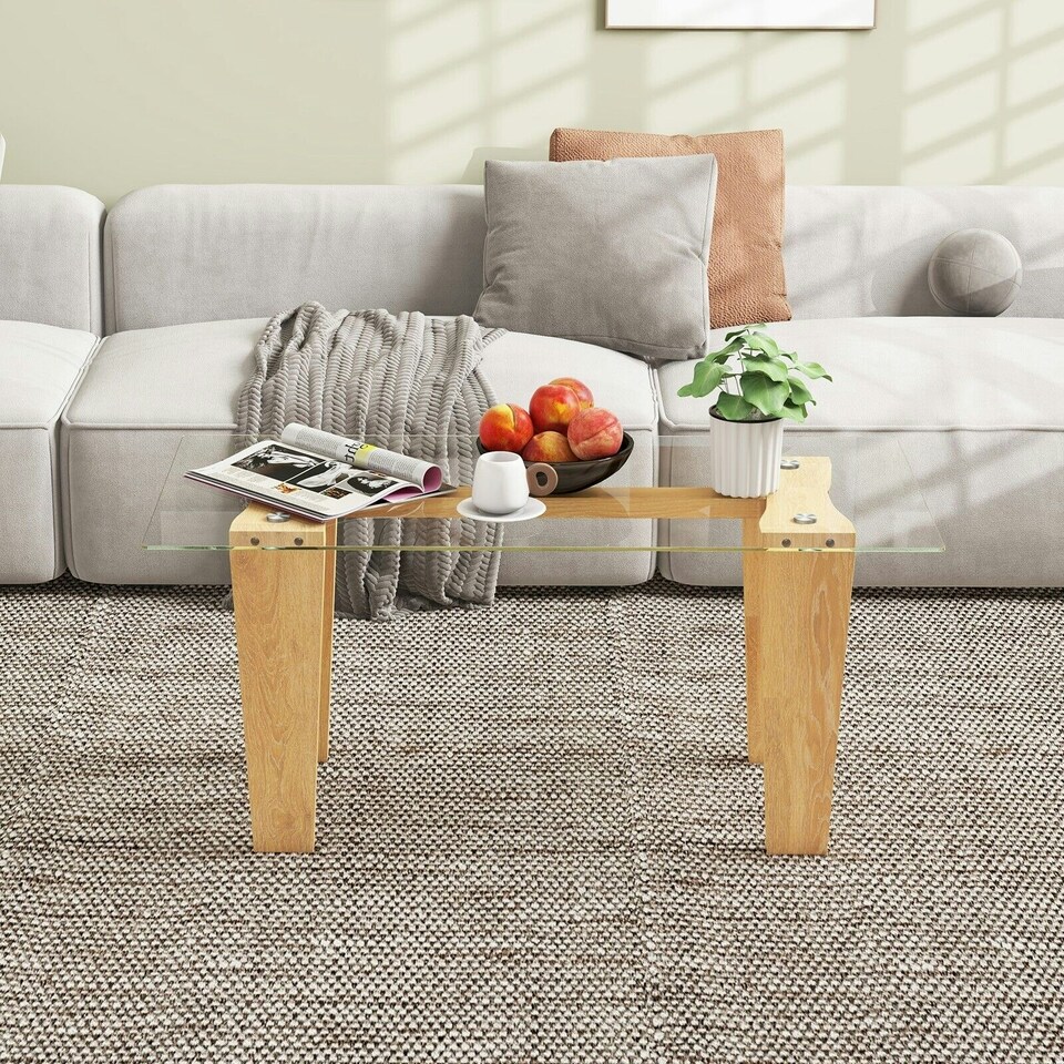 image 1 of COSTWAY Rectangle Coffee Table Tempered Glass Top Center Table Brown