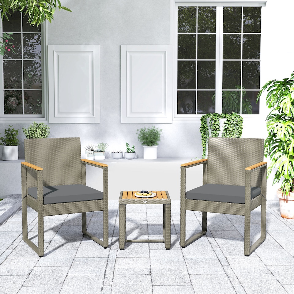 image 1 of Outsunny 3-Piece Rattan Bistro Set, Patio Table and Chairs Set with Removable Cushions, Rattan Conversation Set with Acacia Wood Table & Adjustable Foot Pads for Garden Balcony, Grey